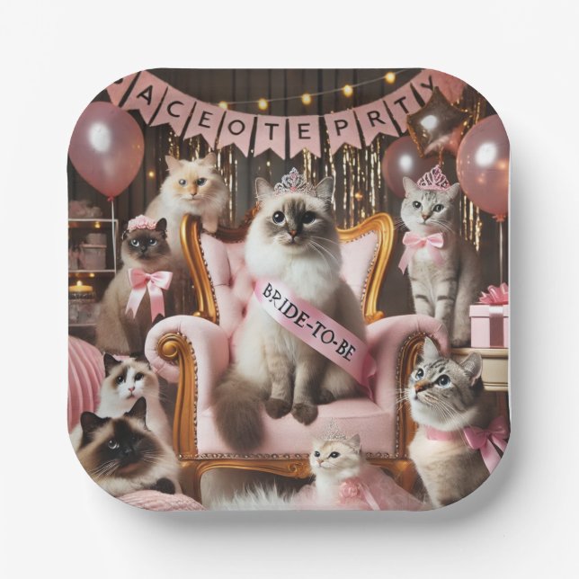 Plato De Papel Fiesta de Bachelorette del gato con tema rosa (Anverso)