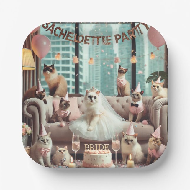 Plato De Papel Fiesta de Bachelorette del gato con tema rosa (Anverso)