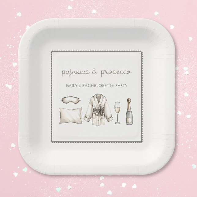 Plato De Papel Fiesta de bachillerato personalizada Pajamas & Pro (Get cozy with our Pajamas & Prosecco bachelorette party plates! Perfect for a fun and chic soirée.)