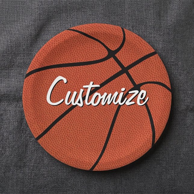 Plato De Papel Fiesta de baloncesto / Personalizado de banquete N (Customizable basketball paper plates on tablecloth. Great for basketball parties and events!)