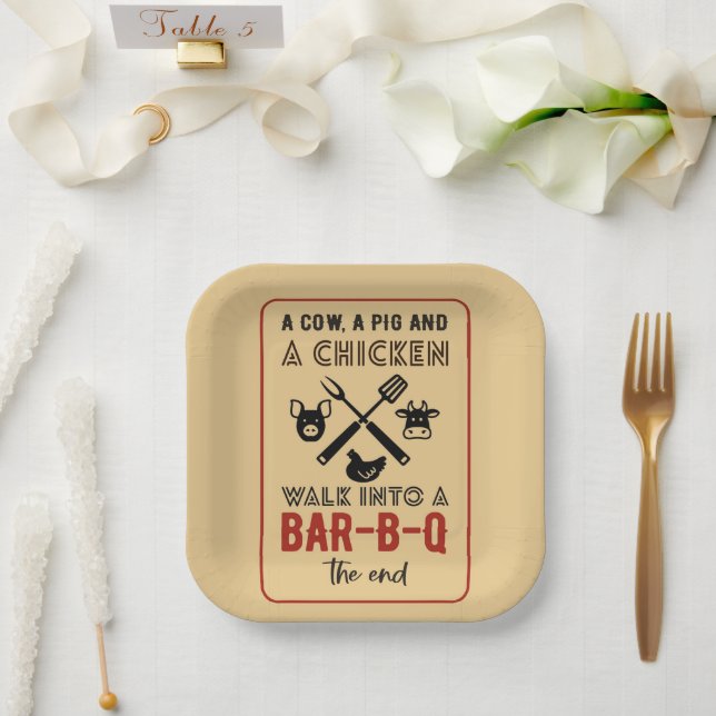 Plato De Papel Fiesta de Barbacoa de Pollo Vaca Cerdo Divertida (Boda)