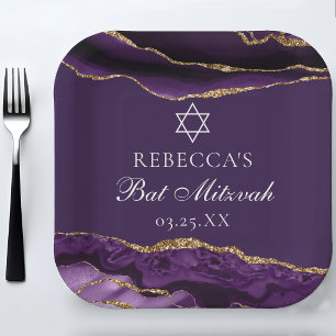 Plato De Papel Fiesta de Bat Mitzvah personalizada morada dorada 