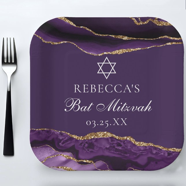 Plato De Papel Fiesta de Bat Mitzvah personalizada morada dorada  (Subido por el creador)