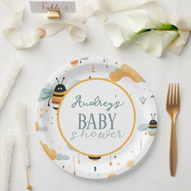 Plato De Papel Fiesta de Bebé Abejorro Adorable (Boda)