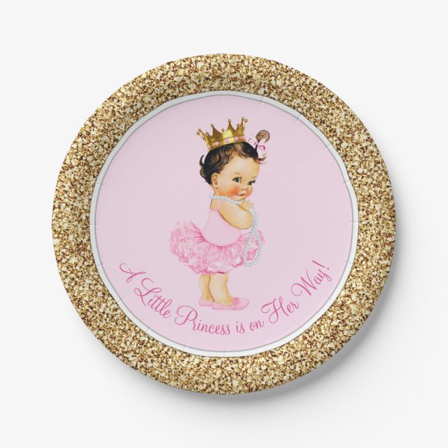 Plato De Papel Fiesta de Bebé Bailarina Princesa Rosa Dorado (Anverso)