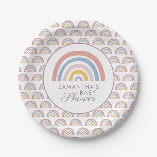 Plato De Papel Fiesta de Bebé Boho Arcoíris Chic (Anverso)