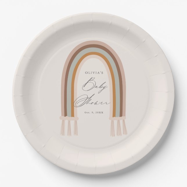 Plato De Papel Fiesta de Bebé Boho Arcoíris Tonos Terrosos (Anverso)