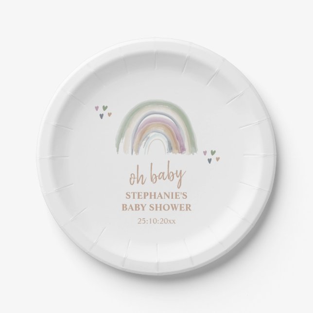 Plato De Papel Fiesta de Bebé Boho Muted Rainbow Sage Verde (Anverso)