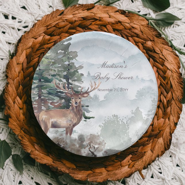 Plato De Papel Fiesta de Bebé Ciervo Bosque de Madera Acuarela (Watercolor Woodland Forest Stag Baby Shower Paper Plates)
