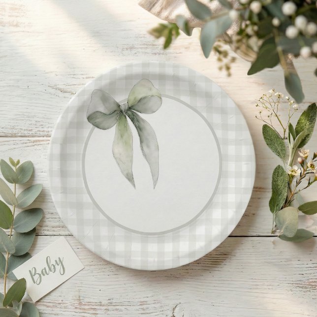 Plato De Papel Fiesta de Bebé con lazo de gingham verde salvia (Subido por el creador)