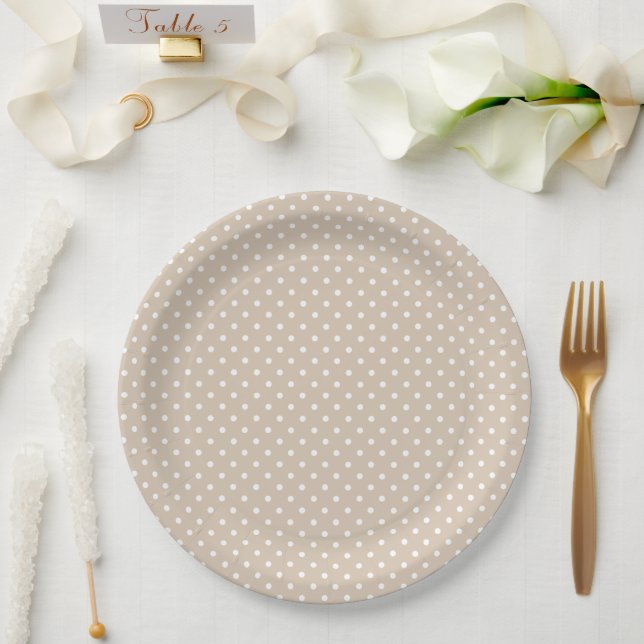 Plato De Papel Fiesta de Bebé con Lunares Beige y Blanco (Boda)