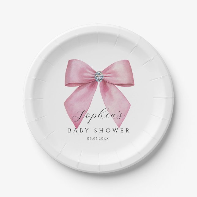 Plato De Papel Fiesta de Bebé Cute Lazo Rosa  (Anverso)