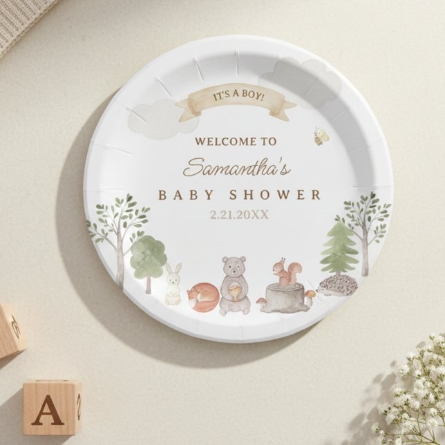 Plato De Papel Fiesta de Bebé de Animales del Bosque (Woodland Animals Baby Shower Paperplate)