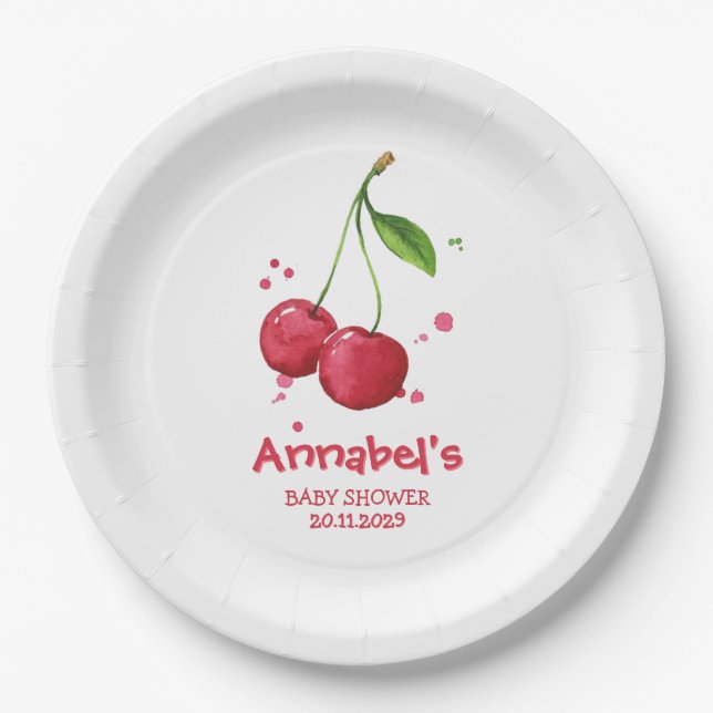 Plato De Papel Fiesta de Bebé de Cereza con Acuarela Rosa (Anverso)