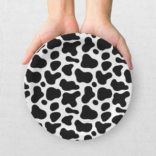 Plato De Papel Fiesta de Bebé de Estampado de Vaca Negro Blanco