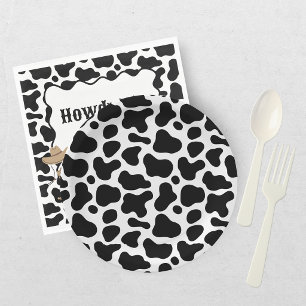 Plato De Papel Fiesta de Bebé de Estampado de Vaca Negro Blanco