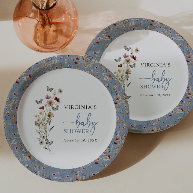 Plato De Papel Fiesta de Bebé de Flores Silvestres Bohemias Azule (Dusty Blue Boho Wildflower Baby Shower Paper Plates by Painted Paperie
)