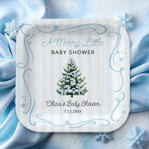 Plato De Papel Fiesta de Bebé de Invierno Azul con Árbol de Navid