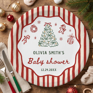 Plato De Papel Fiesta de Bebé de Navidad con Raya Roja