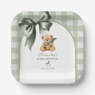 Plato De Papel Fiesta de Bebé de Oso de Peluche Elegante Verde Gr