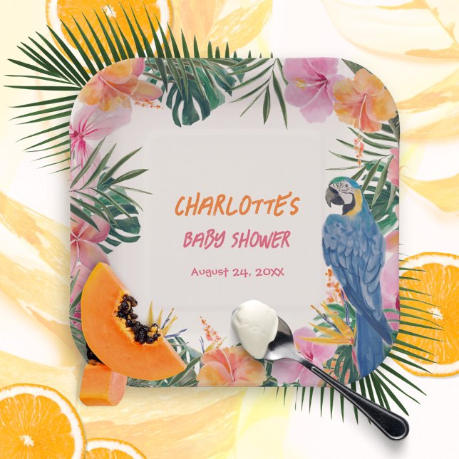 Plato De Papel Fiesta de Bebé Exótico Loro Tropical Jungle (Tropical Floral Parrot Watercolor Baby Shower Paper Plates ©Susanne Sachers - Sunny Mind 🌞)