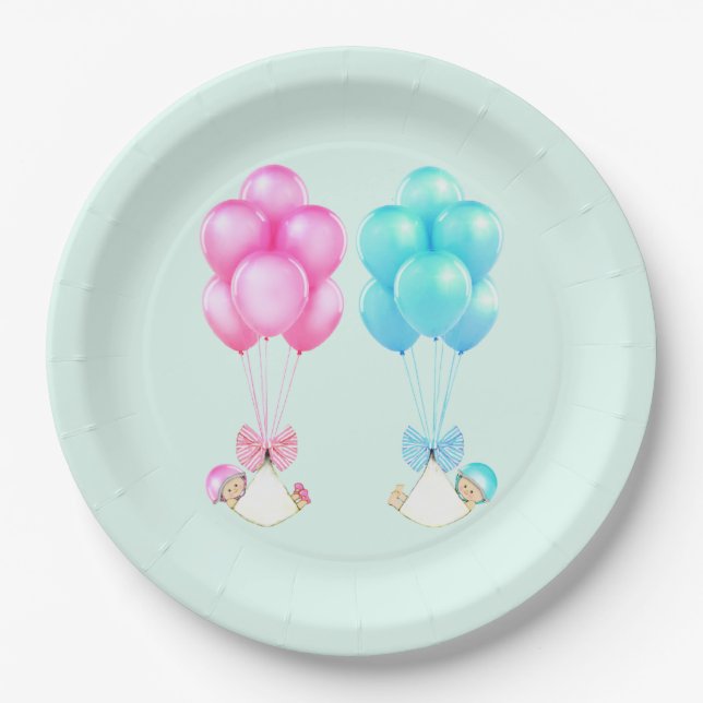 Plato De Papel Fiesta de Bebé Gemelos Niño y Niña (Anverso)