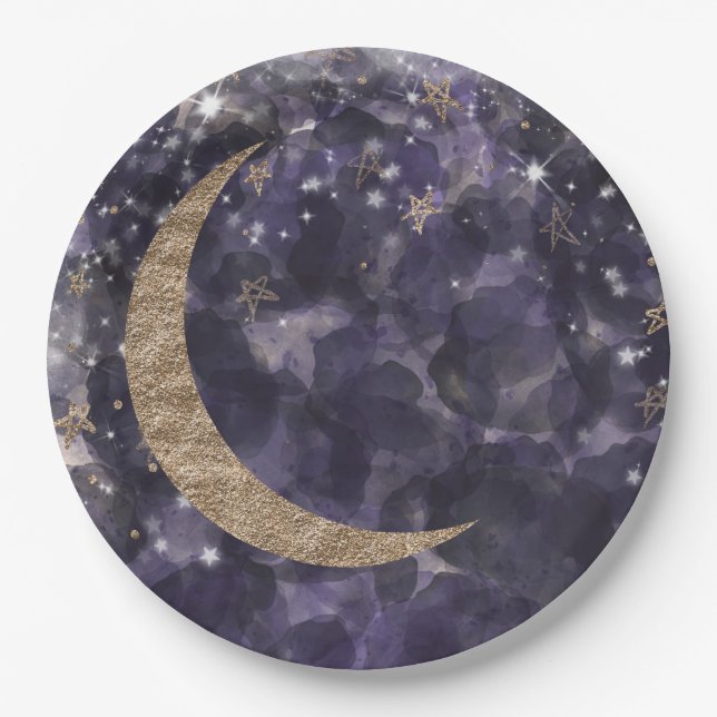 Plato De Papel Fiesta de Bebé Luna Estrellas Morado Dorado Capric (Anverso)