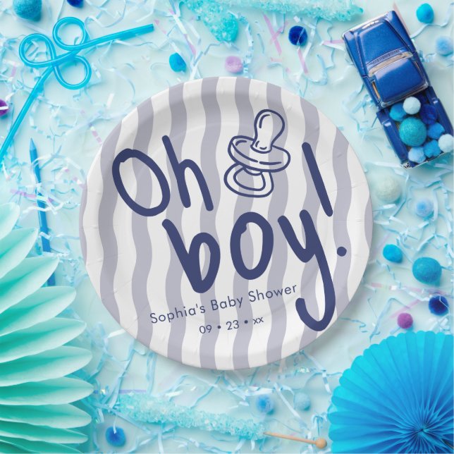 Plato De Papel Fiesta de Bebé Oh Boy Blue con Rayas Onduladas  (Fiesta)