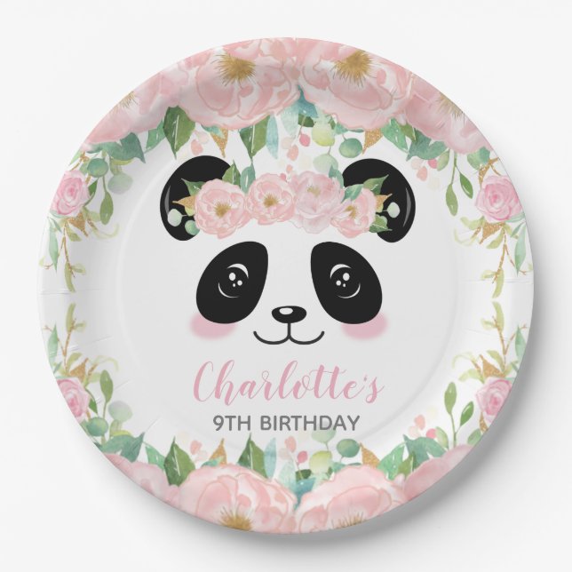 Plato De Papel Fiesta de bebé panda floral rosa (Anverso)