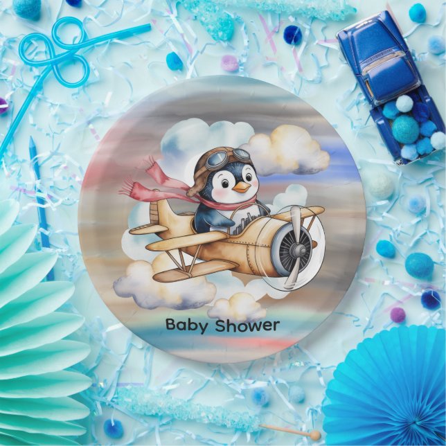 Plato De Papel Fiesta de Bebé Penguin Boy Avión Antiguo (Fiesta)