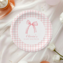 Plato De Papel Fiesta de bebé preppy con lazo rosa y cuadros ging