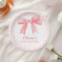 Fiesta de bebé preppy con lazo rosa y cuadros ging