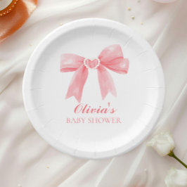 Plato De Papel Fiesta de bebé preppy con lazo rosa y cuadros ging