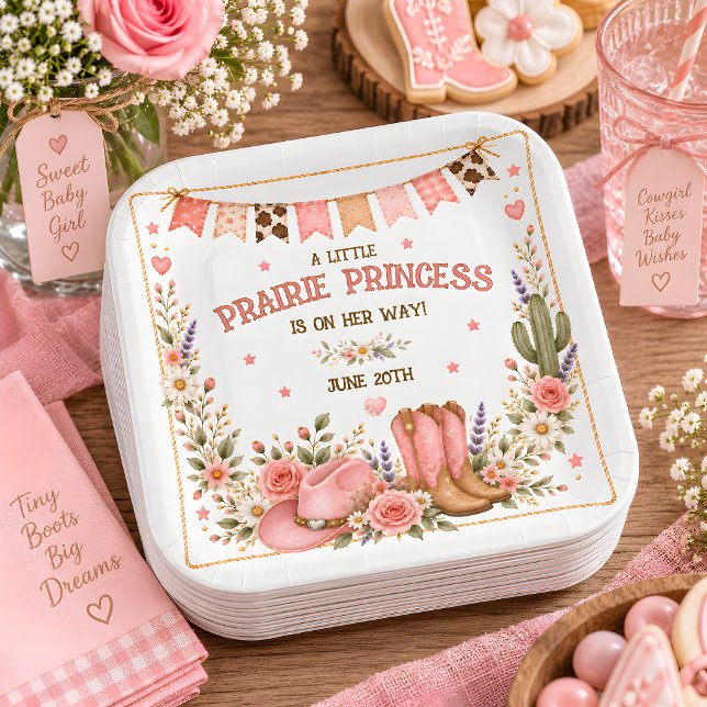 Plato De Papel Fiesta de Bebé Princesa de la Pradera Occidental (Prairie Princess Western Baby Shower Square Paper Plates)