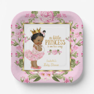 Plato De Papel Fiesta de Bebé Princesa Étnica Floral Rosa Dorado