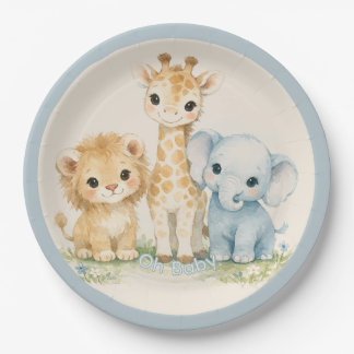 Plato De Papel Fiesta de Bebé Safari Tierno Beige Azul