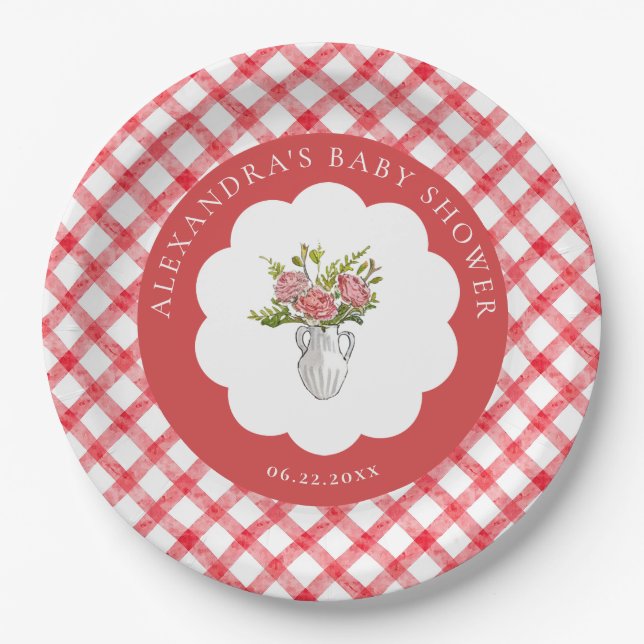 Plato De Papel Fiesta de Bebé Verano Cuadro Rojo Blanco Gingham F (Anverso)