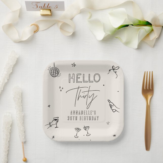 Plato De Papel fiesta de bebidas de 30 años dibujado a mano (Boda)