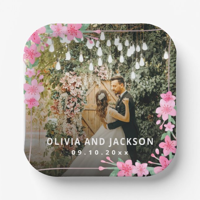 Plato De Papel Fiesta de bienvenida boda del marco dorado con flo (Anverso)