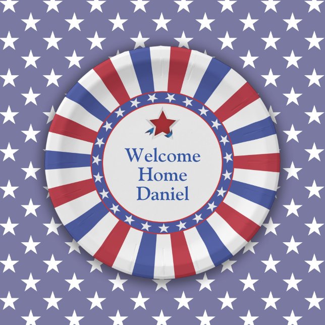 Plato De Papel Fiesta de bienvenida patriótica (Plate available in 7-inch and 9-inch diameter sizes.)