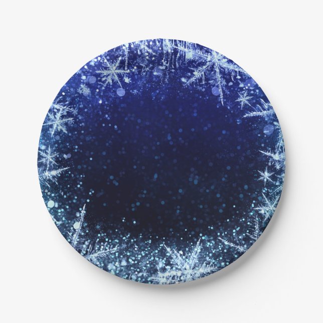 Plato De Papel Fiesta de Blue Winter Wonderland Icy Snowflakes (Anverso)
