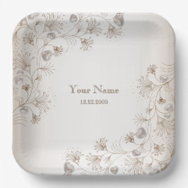 Plato De Papel Fiesta de Boda Floral Marrón Corazón Beige Elegant