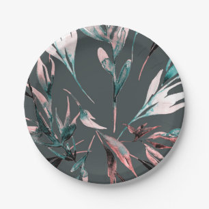 Plato De Papel Fiesta de boda glam botánica acuarela coral teal