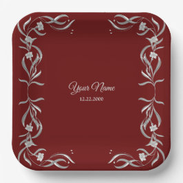 Plato De Papel Fiesta de Boda Vintage Floral Plata Nombre Rojo