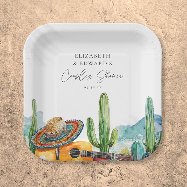 Plato De Papel Fiesta de Cactus Mexicano al Agua para Parejas (Watercolor Mexican Cactus Fiesta Couples Shower Paper Plates)