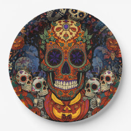 Plato De Papel Fiesta de Calabazas de Cráneo de Azúcar, Calavera 