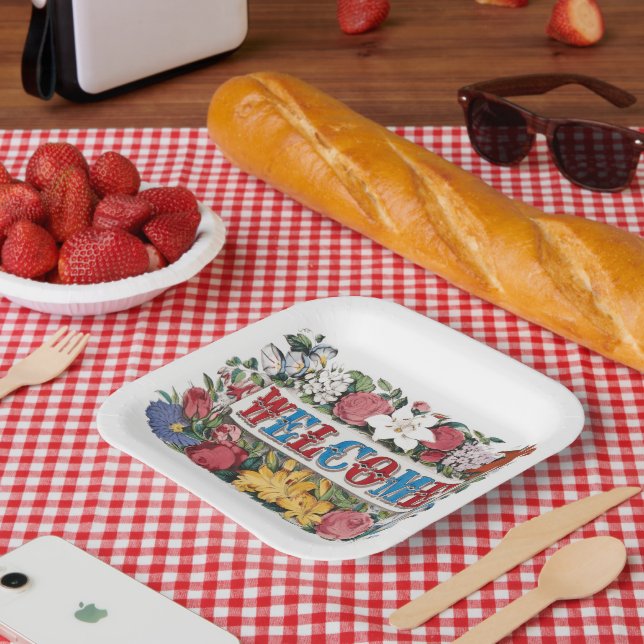 Plato De Papel Fiesta de Calentamiento de la Casa con Flores Vint (Picnic)