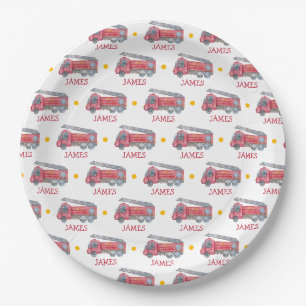 Plato De Papel Fiesta de camionetas con nombre personal rojo