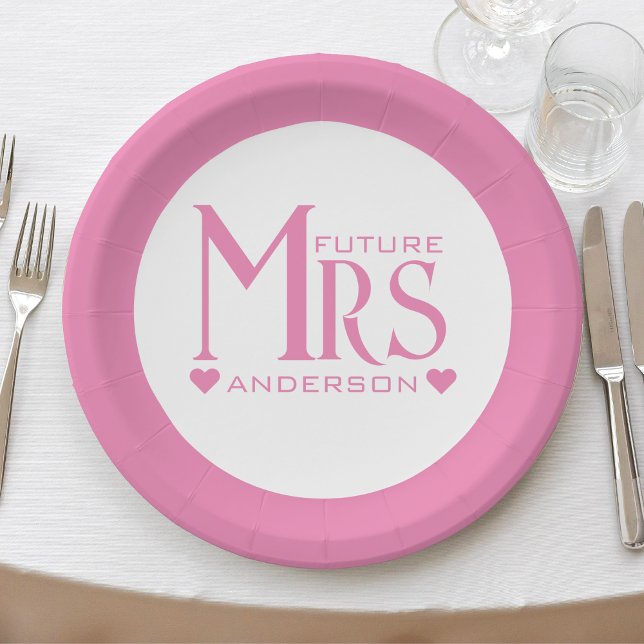 Plato De Papel Fiesta de compromiso de futura Sra. despedida de s (pink and white future mrs wedding bridal shower paper plate)