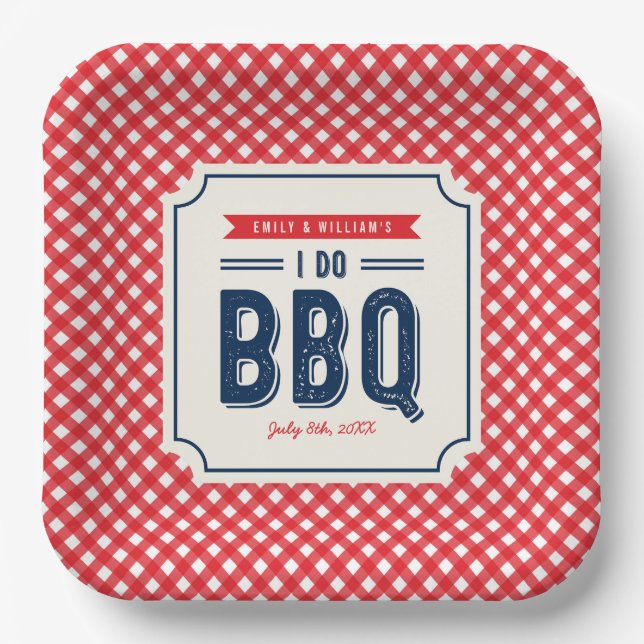 Plato De Papel Fiesta de compromiso de Red Gingham y Blue I Do BB (Anverso)